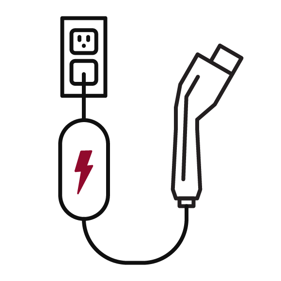 Illustration of a vehicle charger plugged into a standard electrical outlet. 