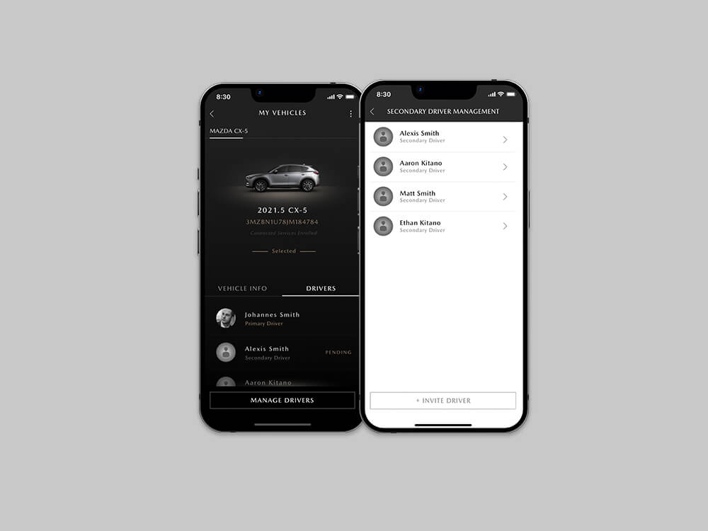 Two smartphone screens, one displays the “My vehicles” section, and the other displays a list of secondary drivers on the MyMazda app. 