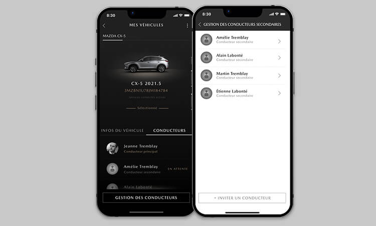Deux écrans de téléphone avec l’appli MyMazda ouverte : l’un affiche la section « Mes véhicules » et l’autre la liste des conducteurs secondaires.