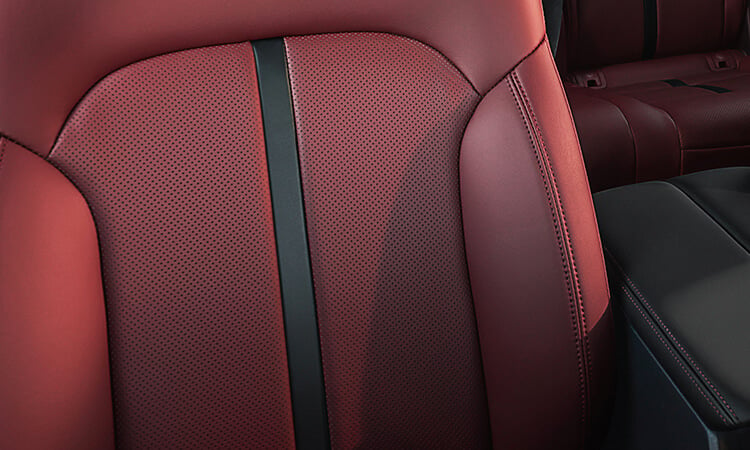 Glamour shot of Garnet Red Leather passenger’s seat in sunset lighting.