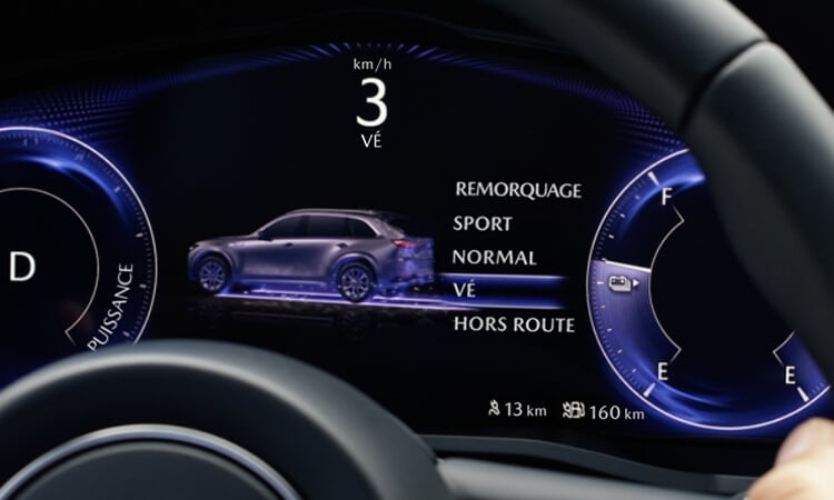 Gros plan de l’écran du tableau de bord montrant les modes de conduite, avec le mode « VÉ » sélectionné.