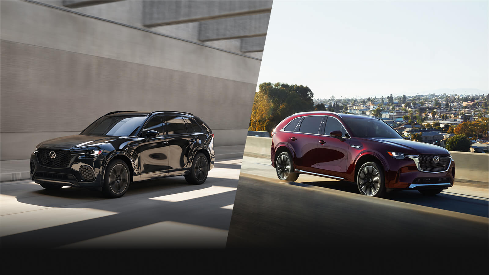 A side profile split screen of the CX-70 and CX-90.