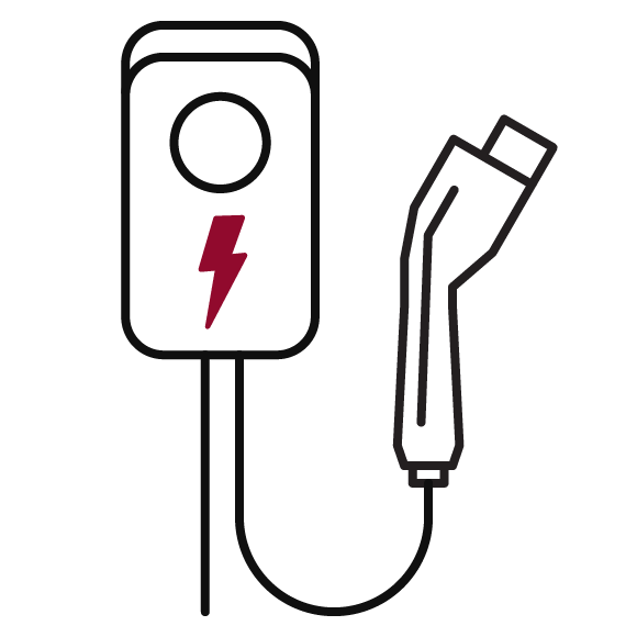 Illustration of vehicle charging cord plugged into installed charger. 