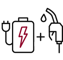 Illustration of battery with cable and plug attached, + gas nozzle.  