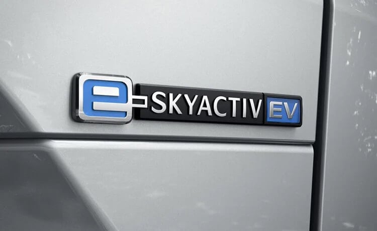 Close up of e-Skyactiv EV vehilce badge. 