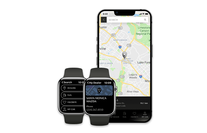 Two smartwatches and a smartphone display a map and destination list.