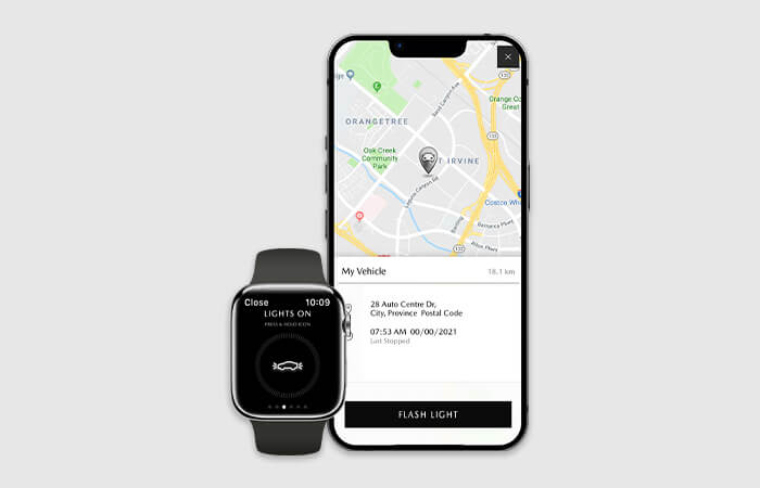 Smartphone and smartwatch display MyMazda app screen with map and flashlight button.  
