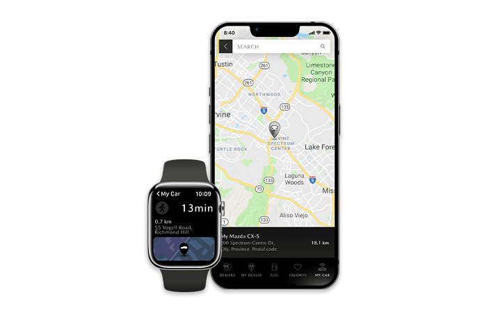 Smartphone and smartwatch display MyMazda app screen with map and pin location. 