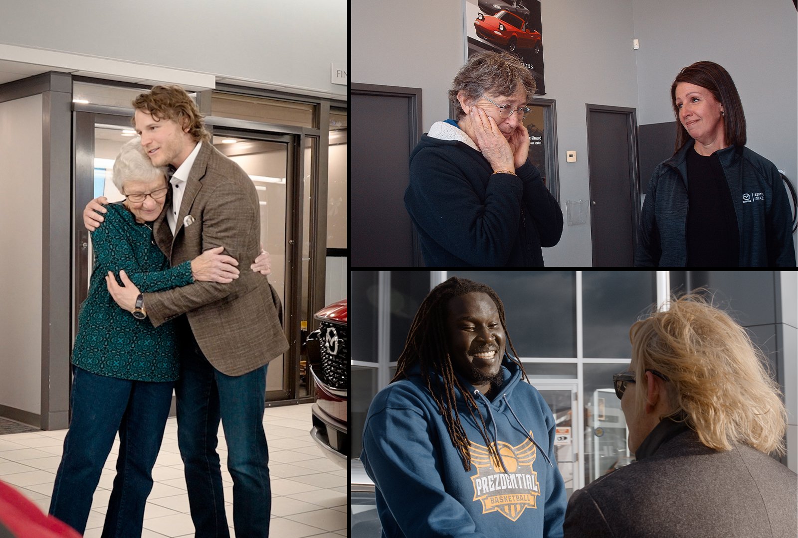 A collage of award recipients. A woman hugs a Mazda dealer on the left, another weeps tears of joy with a dealer in the top right, and a man smiling ear to ear excitedly shakes hands with a Mazda dealer on the bottom right.  
