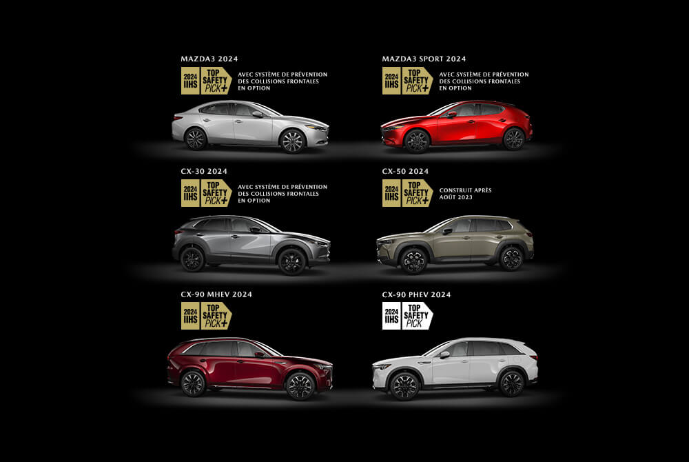Deux colonnes avec trois véhicules Mazda se faisant face sur un fond sombre, avec au-dessus de chacun le logo “2024 Top IIHS Safety Pick”. Dans la colonne de gauche de haut en bas, une Mazda3 2024 et un Mazda CX-30 2024 avec la Prévention des collisions frontales en option, plus un CX-90 hybride léger 2024. Dans la colonne de droite, une Mazda3 Sport 2024 avec la Prévention des collisions frontales en option, un Mazda CX-50 2024 construit après le mois d’août 2023 et un Mazda CX-90 hybride rechargeable 2024.