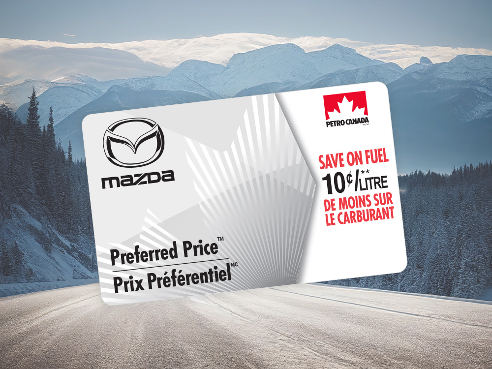 A Petro-Canada Preferred Price card to save 10 cents per litre on fuel, with a snowy mountain background