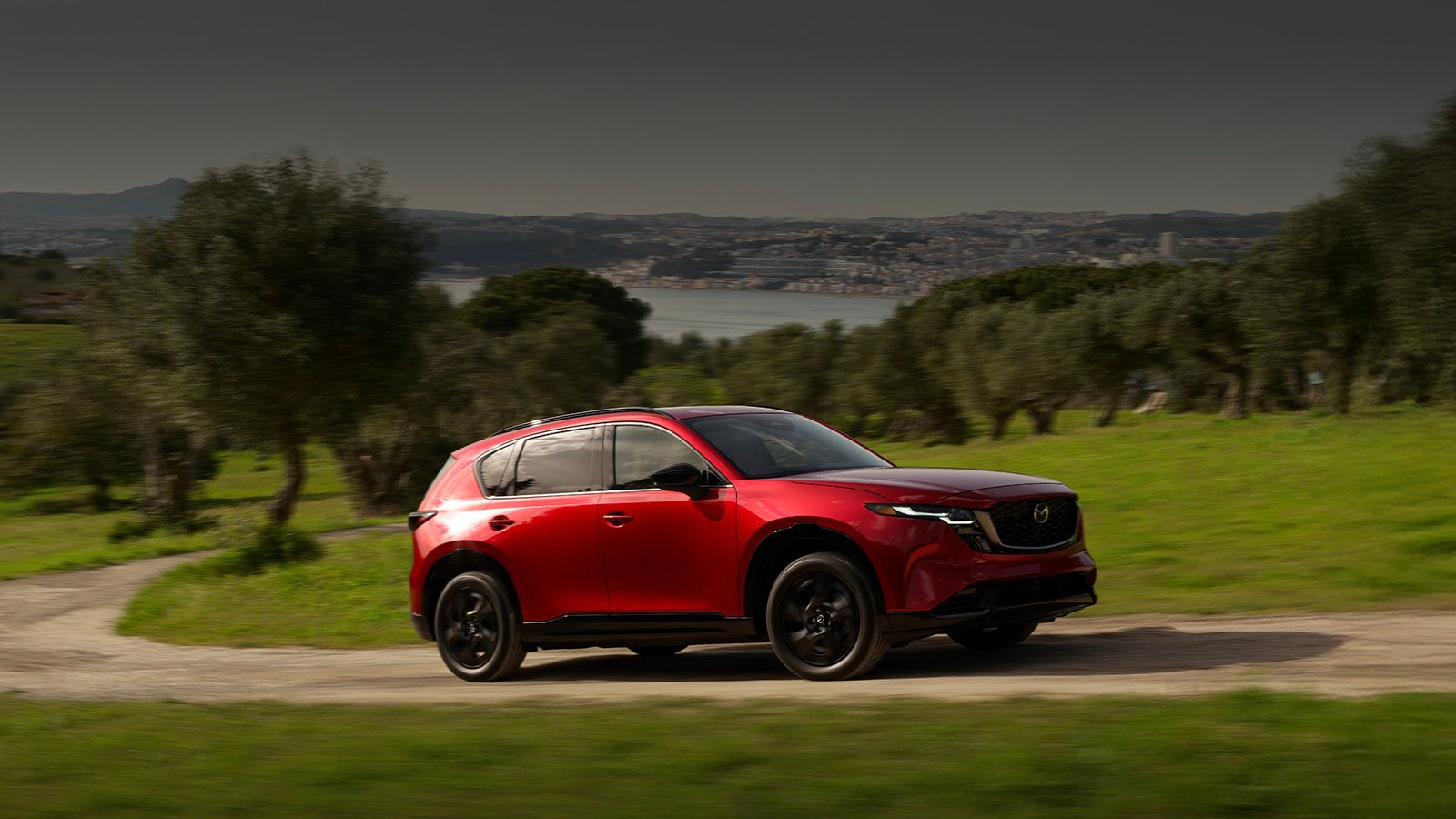 Un Mazda CX-5 rouge stationné dans un champ verdoyant