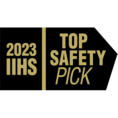 Image, étiquette de vente noire avec la mention « 2023 » suivie de « top safety pick » en doré, suivi de « Mazda CX-50 2023 Petit VUS / VUS 4 portes »