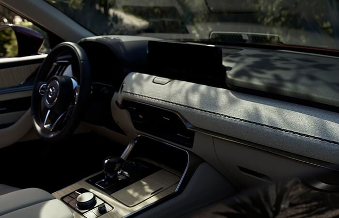 View from passenger side of the dash and console from inside the CX-90. 