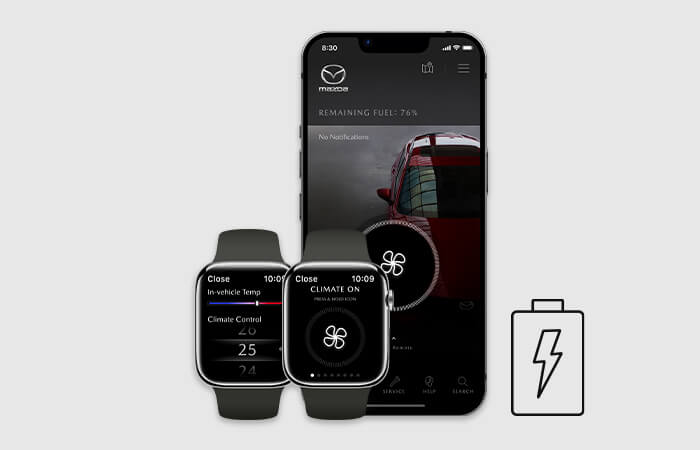 A smart watch and smartphone display a fan icon in the MyMazda app, another smartwatch displays a temperature gauge plus a battery icon.