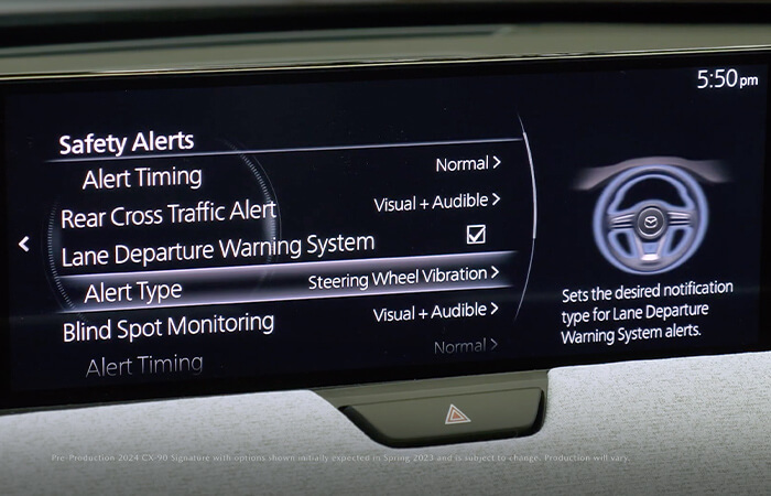 The CX-90’s center display showing all of the car’s safety features.