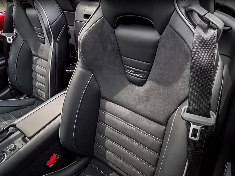 Detail of Recaro® fabric showing Nappa leather with Alcantara® piping.