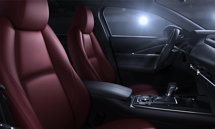 Unobstructed view of Garnet Red Leather seating from passenger’s side. 