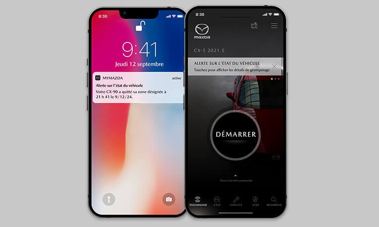 Deux écrans de téléphone avec l’appli MyMazda ouverte : l’un affiche l’écran verrouillé avec une notification, l’autre une notification d’alerte d’état du véhicule. 