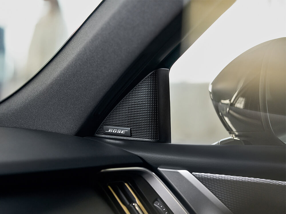 Close up of Bose speaker and logo badge on the passenger’s side, front window.