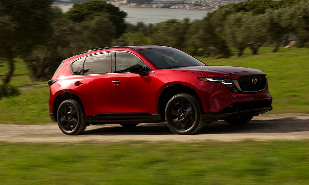 Side view of a Soul Red Crystal Mazda CX-5 driving past a grassy field with trees, background blurred from motion.