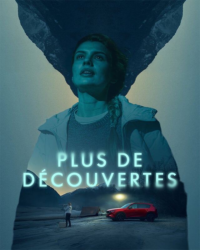 Image superposée d’une femme regardant hors cadre avec en surimpression l'image d’elle prenant des photos à côté d’un Mazda CX-5.