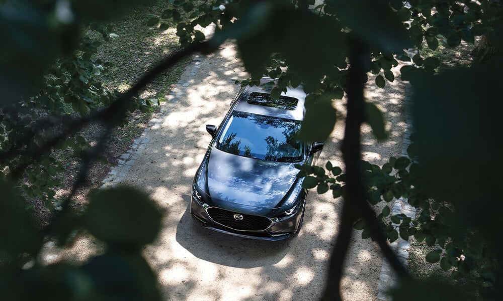 Aerial view of a Deep Crystal Blue Mica Mazda3, partially framed by tree leaves.