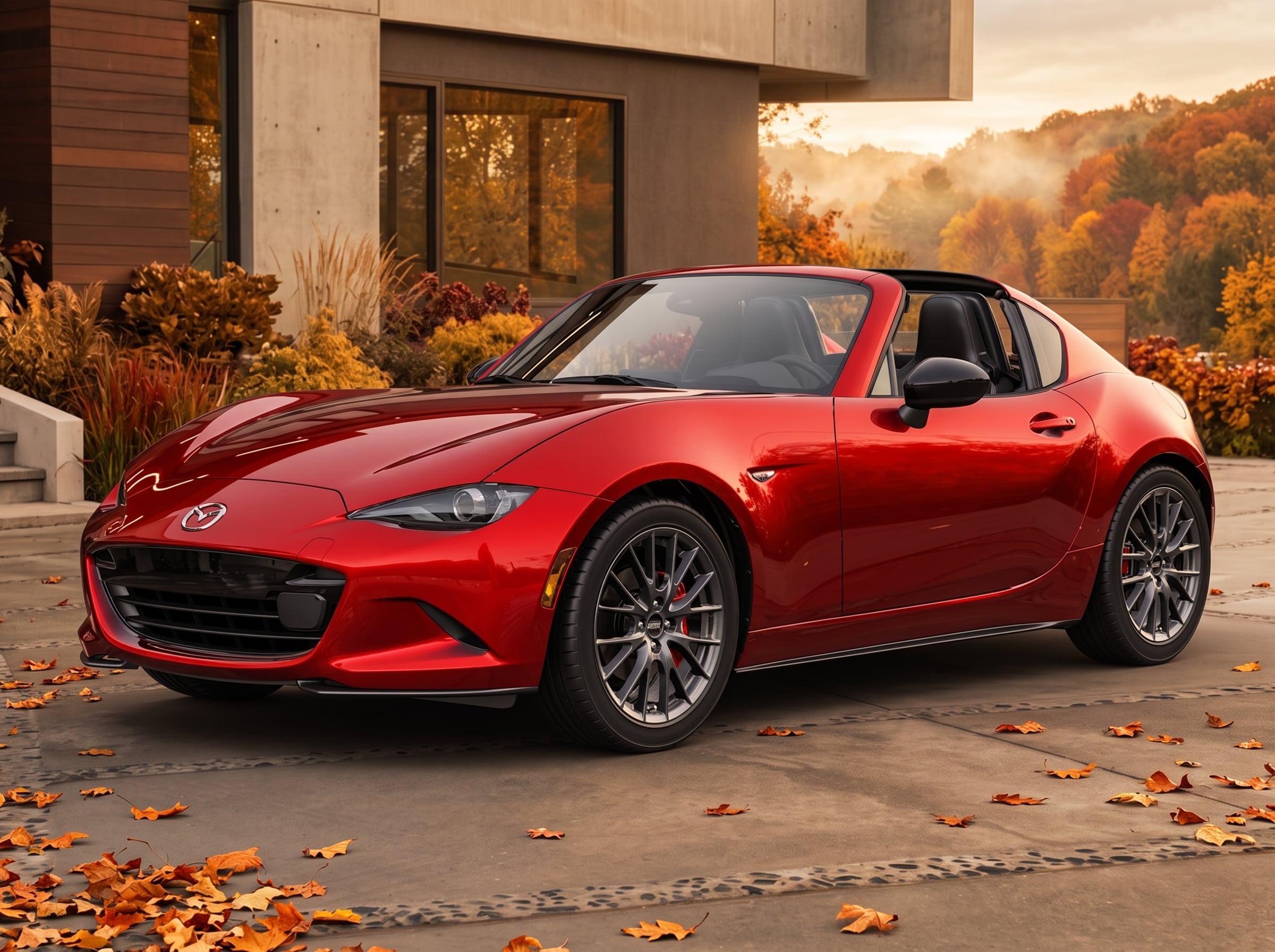 3/4ths view of a red MX-5 RF parked in front of a modern home.