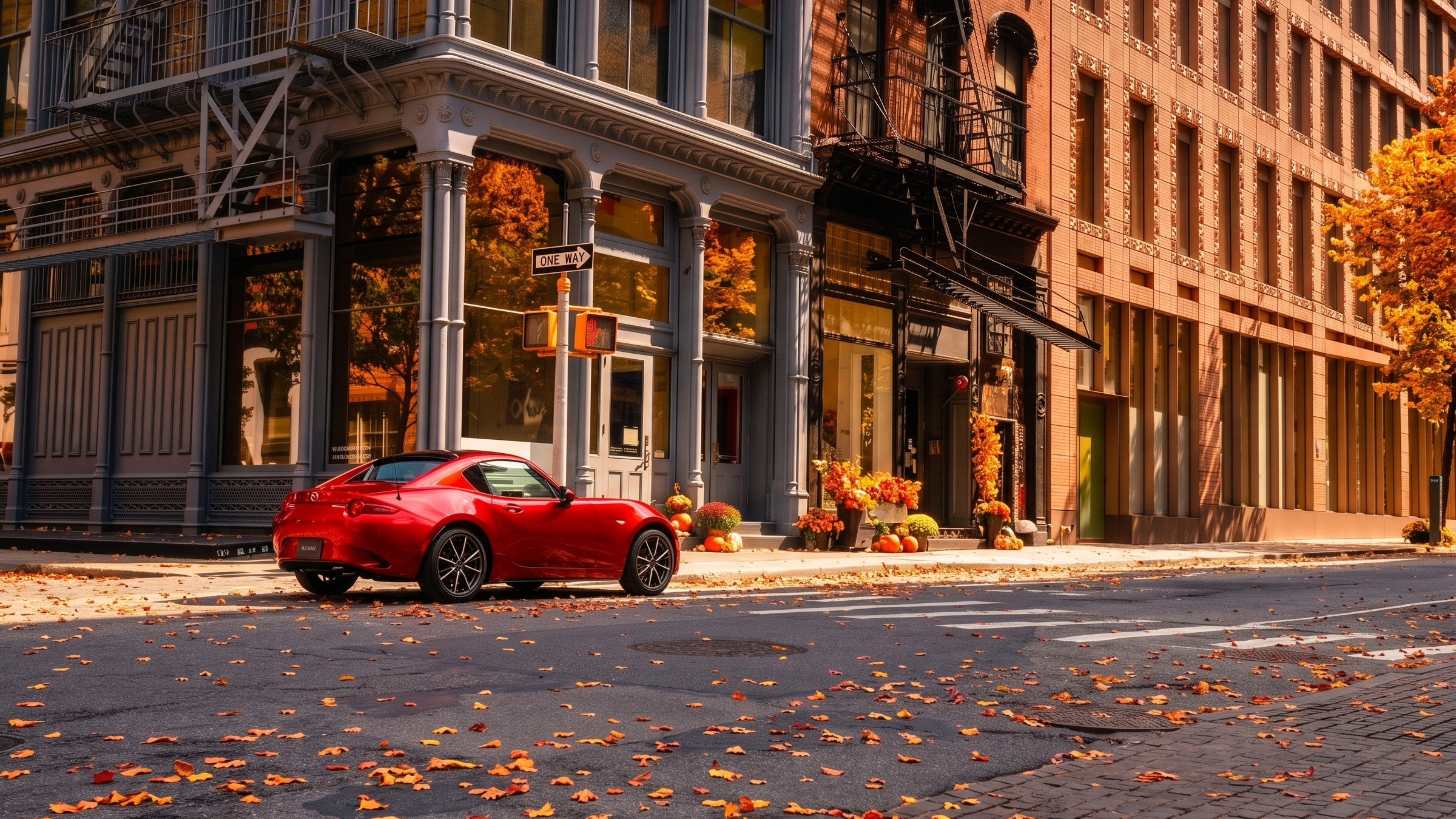 Soul Red Crystal Metallic MX-5 RF rests at a stop light on city main street, pedestrians walk by in the background.