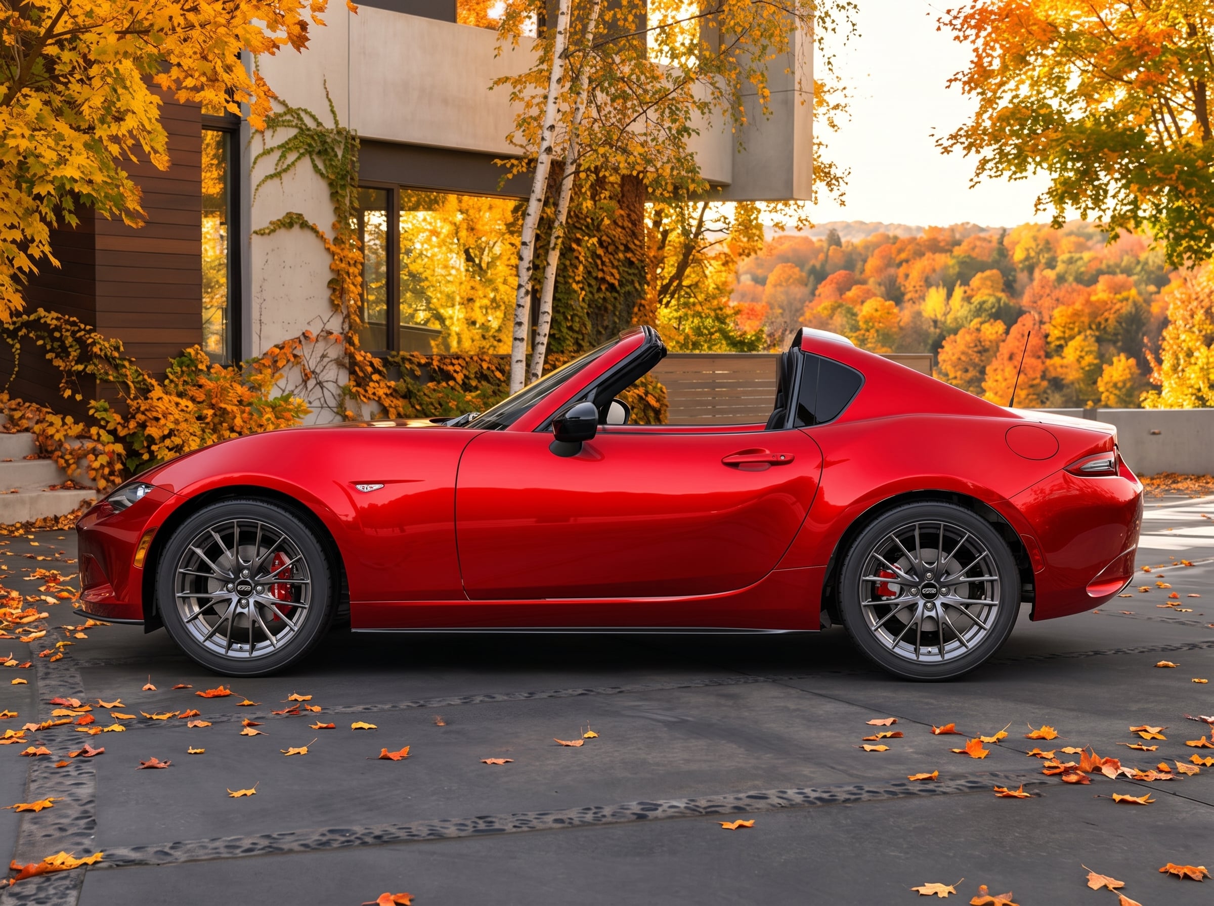 Vue latérale d’une MX-5 ST rouge avec le toit fermé garée devant une maison moderne.