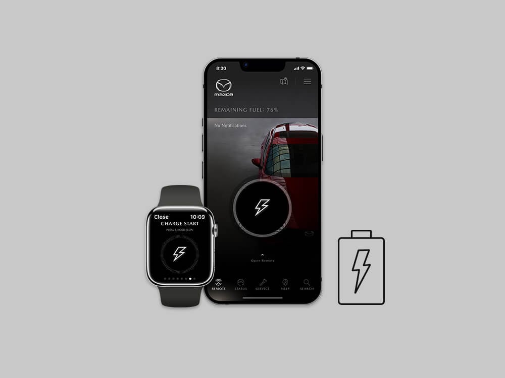 A smartwatch, smartphone and icon all display a lightning bolt charging icon.