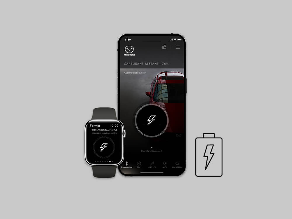 Une montre connectée, un téléphone intelligent et une icône : tous trois affichent une icône de chargement représentée par un éclair.