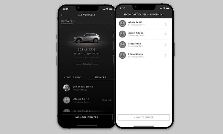 Two smartphone screens, one displays the “My vehicles” section, and the other displays a list of secondary drivers on the MyMazda app.