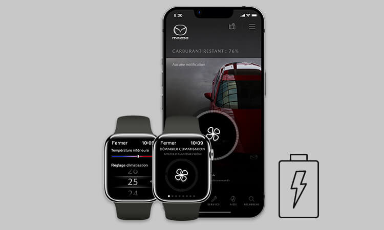Deux écrans de montre connectée et un téléphone intelligent affichent les commandes de réglage de la température à distance près d’une icône représentant une batterie avec un éclair.